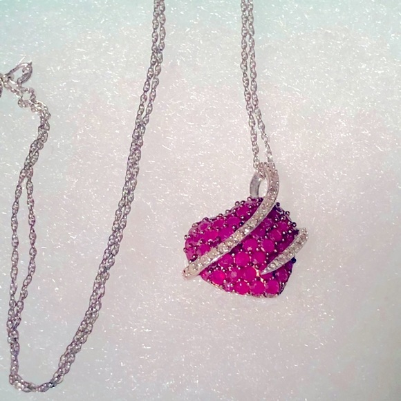 Natural Ruby and Diamond Sterling Silver Necklace - Picture 2 of 12